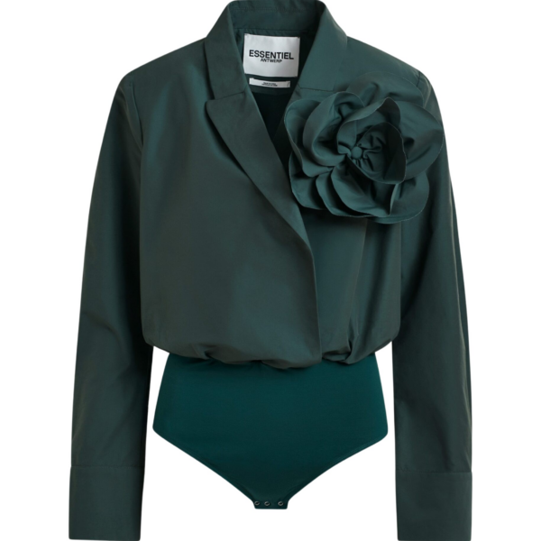 Essentiel Antwerp Dark teal green bodysuit with self-fabric flower - Essentiel Antwerp Bodysuit - Colorful Belgian Design - Shop at Coveti