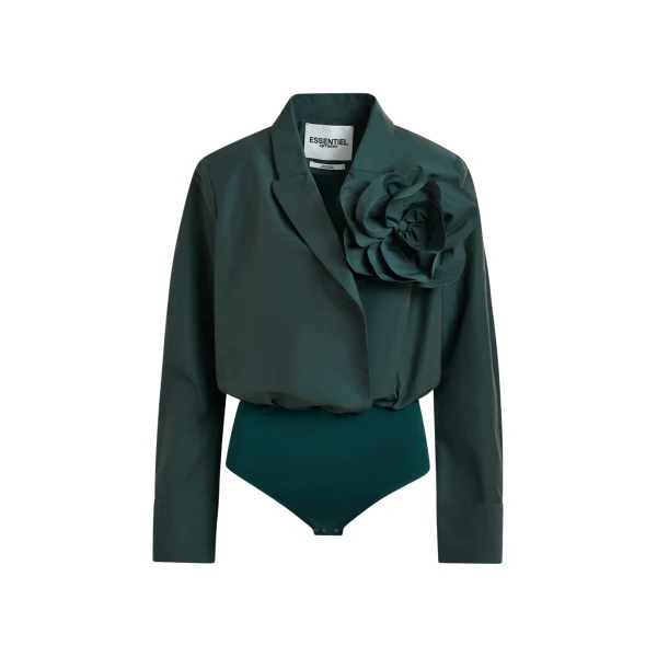 Essentiel Antwerp Dark teal green bodysuit with self-fabric flower - Essentiel Antwerp Bodysuit - Colorful Belgian Design - Shop at Coveti