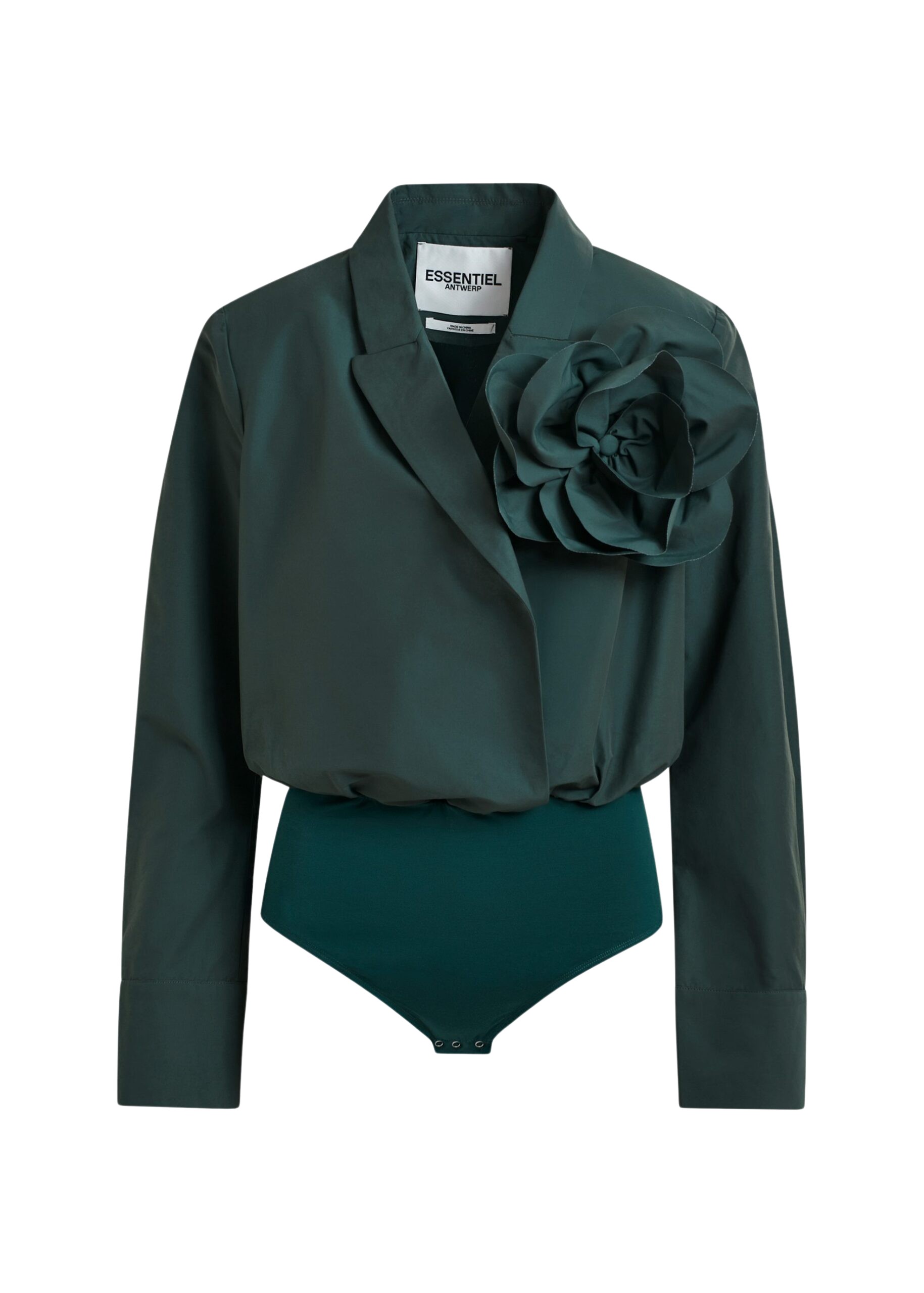 Essentiel Antwerp Dark teal green bodysuit with self-fabric flower - Essentiel Antwerp Bodysuit - Colorful Belgian Design - Shop at Coveti