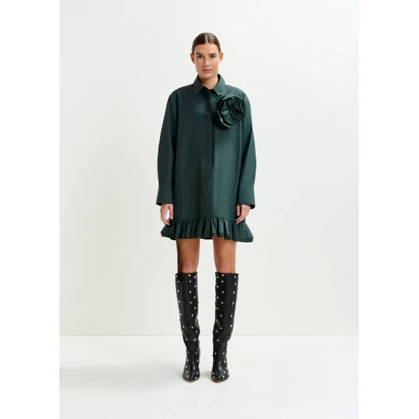 Essentiel Antwerp Dark teal green ruffled mini shirt dress with self-fabric flower, view 2