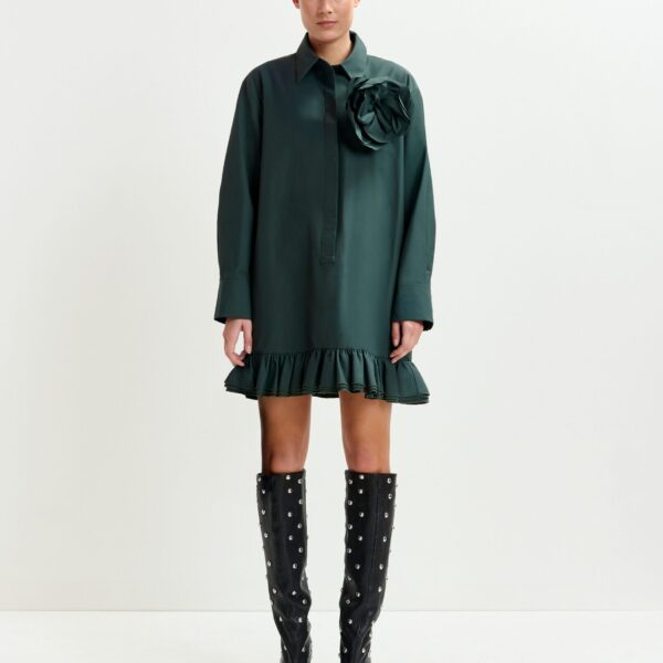 Essentiel Antwerp Dark teal green ruffled mini shirt dress with self-fabric flower - Essentiel Antwerp Dresses - Colorful Belgian Design - Shop at Coveti