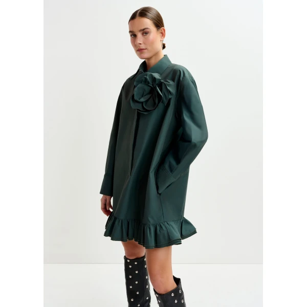 Essentiel Antwerp Dark teal green ruffled mini shirt dress with self-fabric flower, view 3
