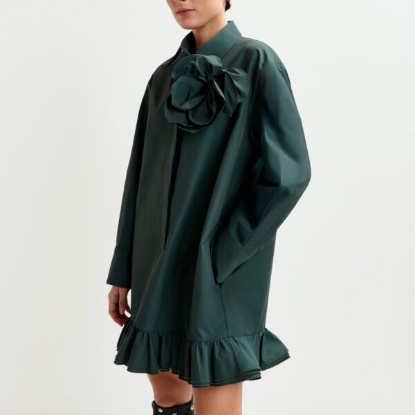 Essentiel Antwerp Dark teal green ruffled mini shirt dress with self-fabric flower - Essentiel Antwerp Dresses - Colorful Belgian Design - Shop at Coveti