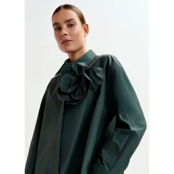 Essentiel Antwerp Dark teal green ruffled mini shirt dress with self-fabric flower, view 4