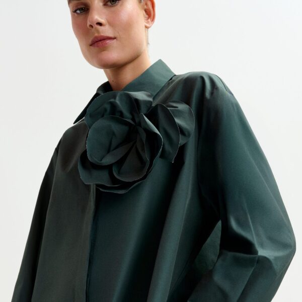 Essentiel Antwerp Dark teal green ruffled mini shirt dress with self-fabric flower - Essentiel Antwerp Dresses - Colorful Belgian Design - Shop at Coveti