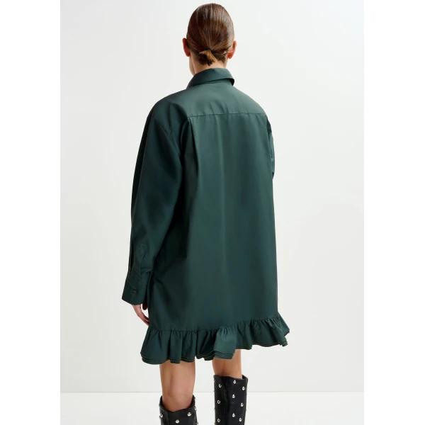 Essentiel Antwerp Dark teal green ruffled mini shirt dress with self-fabric flower, view 5