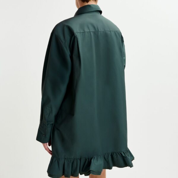 Essentiel Antwerp Dark teal green ruffled mini shirt dress with self-fabric flower - Essentiel Antwerp Dresses - Colorful Belgian Design - Shop at Coveti