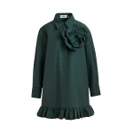 Essentiel Antwerp Dark teal green ruffled mini shirt dress with self-fabric flower - Essentiel Antwerp Dresses - Colorful Belgian Design - Shop at Coveti