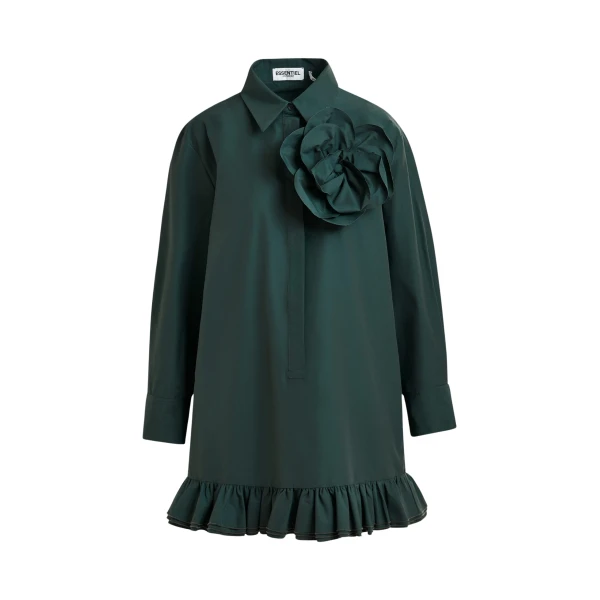 Essentiel Antwerp Dark teal green ruffled mini shirt dress with self-fabric flower - Essentiel Antwerp Dresses - Colorful Belgian Design - Shop at Coveti