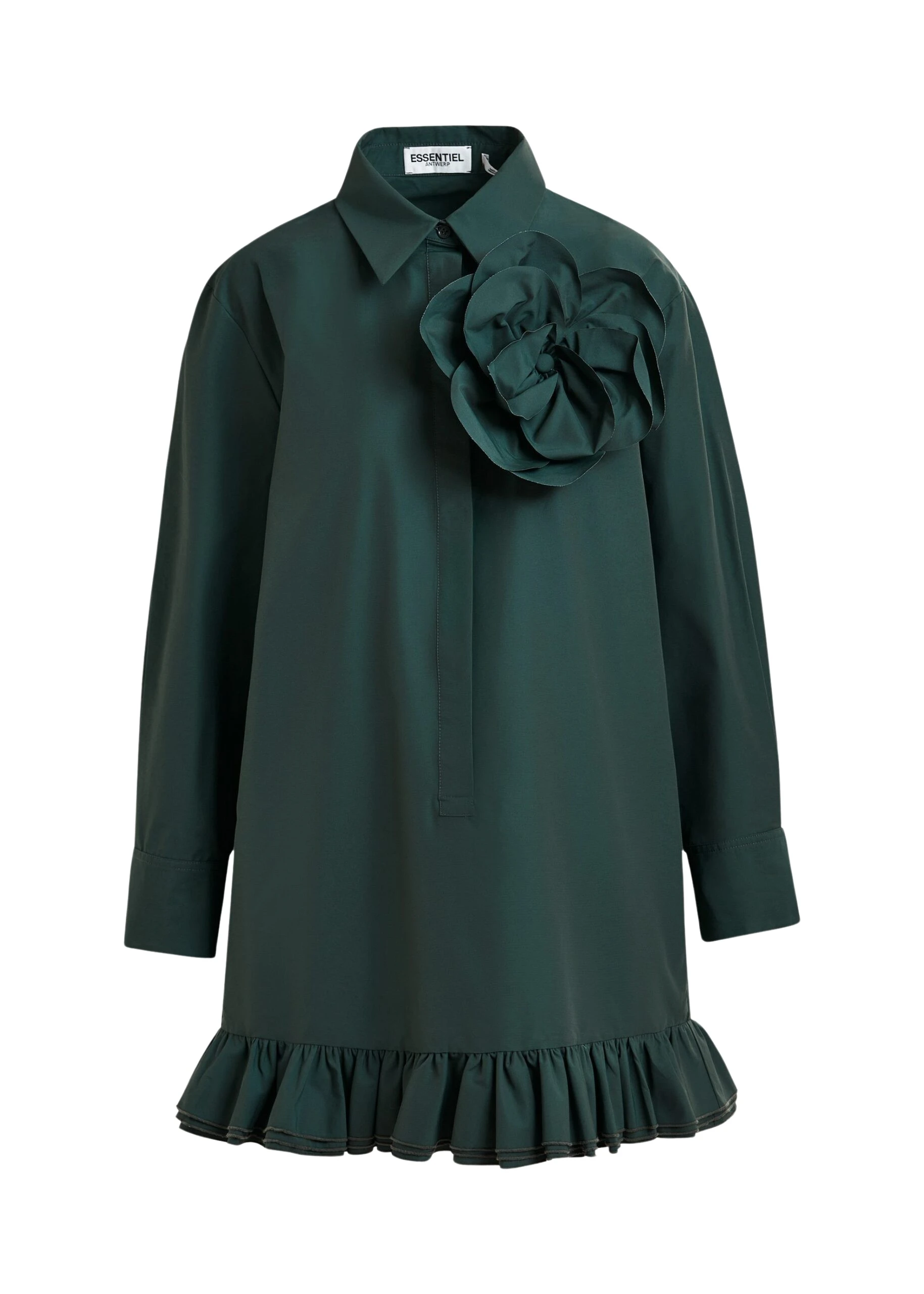 Dark-teal-green-ruffled-mini-shirt-dress-with-self-fabric-flower-Essentiel-Antwerp-Dresses-scaled42336_nobg Essentiel Antwerp Dark teal green ruffled mini shirt dress with self-fabric flower - Essentiel Antwerp Dresses - Colorful Belgian Design - Shop at Coveti