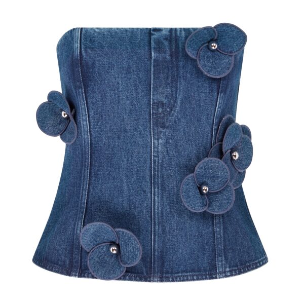 David Koma 3D Flower Denim Corset Top In Indigo