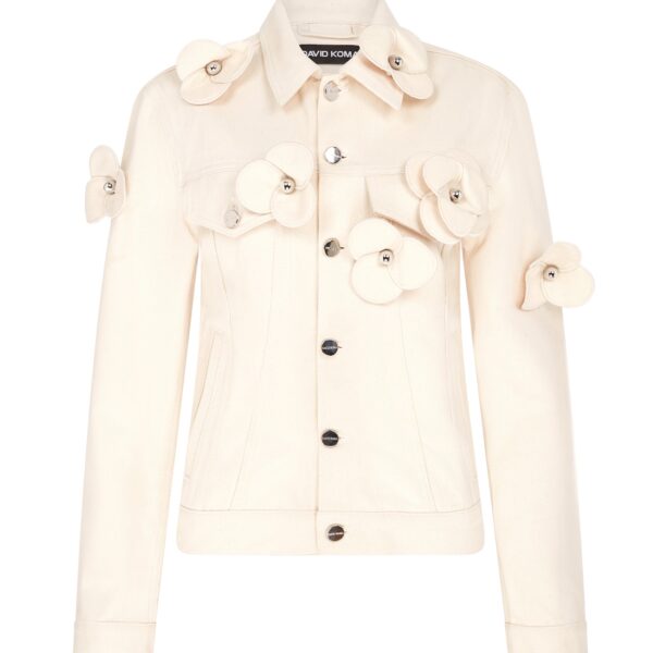 David Koma 3D Flower Denim Jacket In Ecru