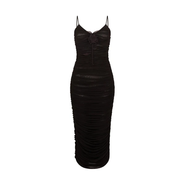 David Koma Lace Rose Embroidered Ruched Midi Dress