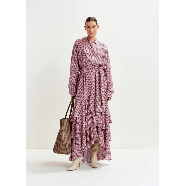 Essentiel Antwerp Dusty pink, purple and green oversized printed maxi shirt dress with ruffled hemline, view 2
