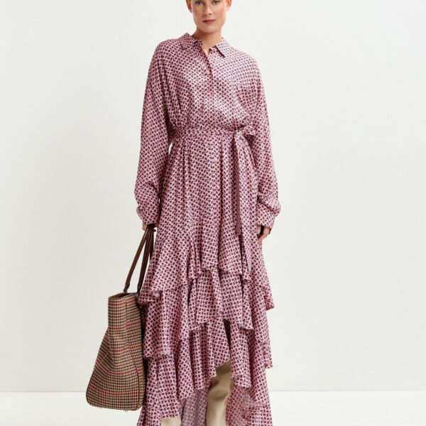 purple and green oversized printed maxi shirt dress with ruffled hemline - Essentiel Antwerp Dresses - Colorful Belgian Design - Shop at Coveti