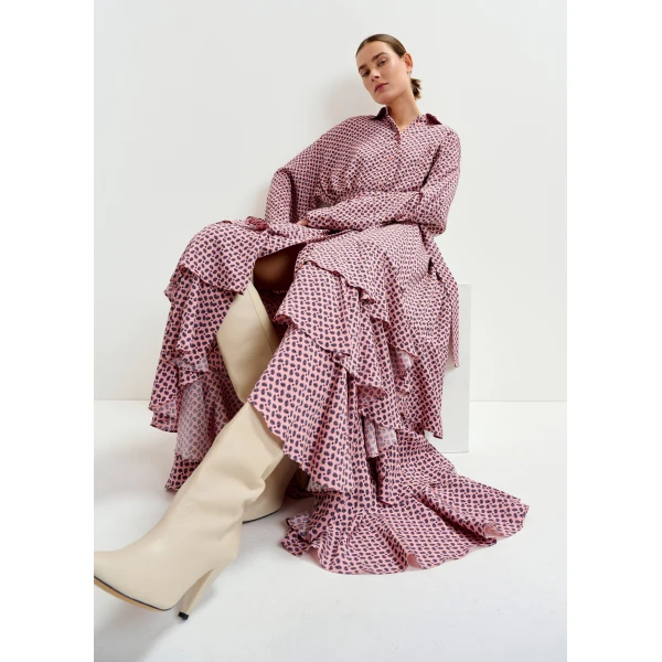 Essentiel Antwerp Dusty pink, purple and green oversized printed maxi shirt dress with ruffled hemline, view 3