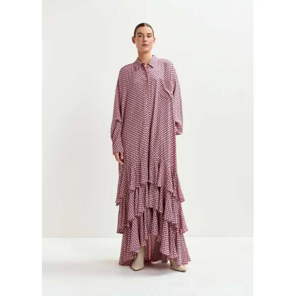 Essentiel Antwerp Dusty pink, purple and green oversized printed maxi shirt dress with ruffled hemline, view 4