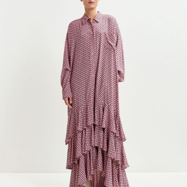 purple and green oversized printed maxi shirt dress with ruffled hemline - Essentiel Antwerp Dresses - Colorful Belgian Design - Shop at Coveti