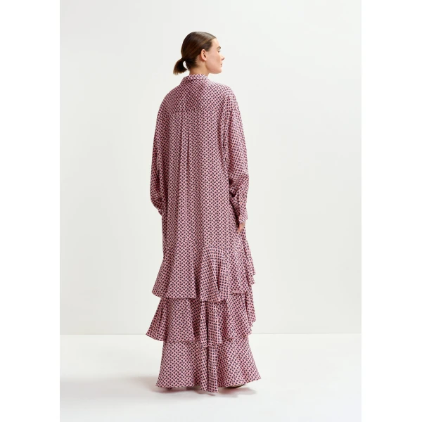 Essentiel Antwerp Dusty pink, purple and green oversized printed maxi shirt dress with ruffled hemline, view 5