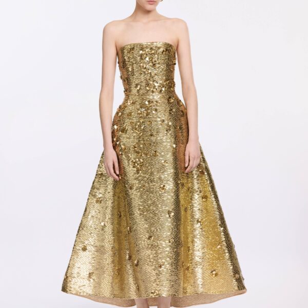 Elie Saab Bead Embroidered Golden Gown in Gold featuring  – Luxury Designer Fashion at Coveti.