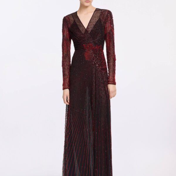 Elie Saab Bead Embroidered Long Dress in Red featuring  – Luxury Designer Fashion at Coveti.