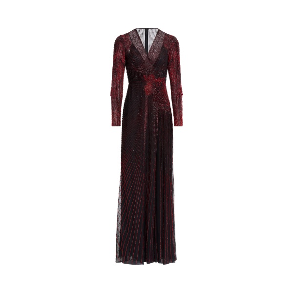 Elie Saab Bead Embroidered Long Dress in Red featuring  – Luxury Designer Fashion at Coveti.