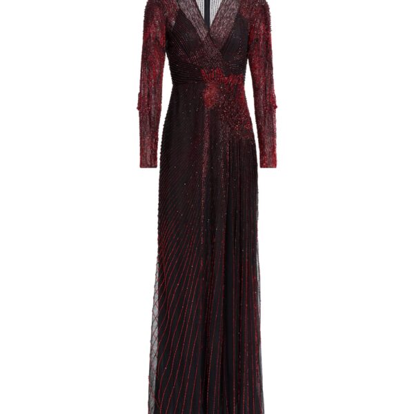 Elie Saab Bead Embroidered Long Dress in Red featuring  – Luxury Designer Fashion at Coveti.