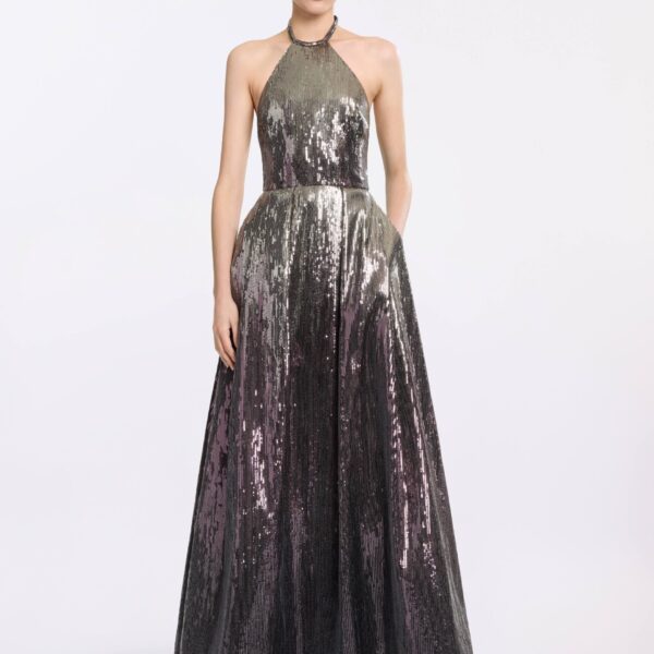 Elie Saab Halter Gradient Sequin Gown in Silver featuring  – Luxury Designer Fashion at Coveti.