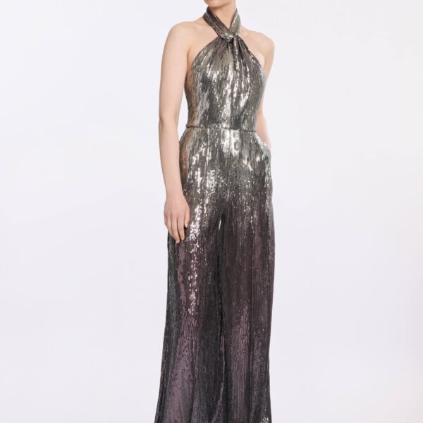 Elie Saab Halter Gradient Sequin Jumpsuit in Silver featuring  – Luxury Designer Fashion at Coveti.