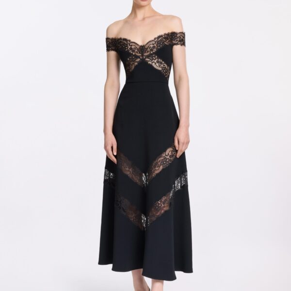 Elie Saab Off-The-Shoulder Midi Dress in Black featuring  – Luxury Designer Fashion at Coveti.