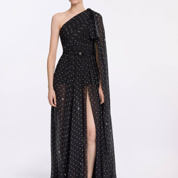 Elie Saab One-Shoulder Polka Dot Dress in Black featuring  – Luxury Designer Fashion at Coveti.
