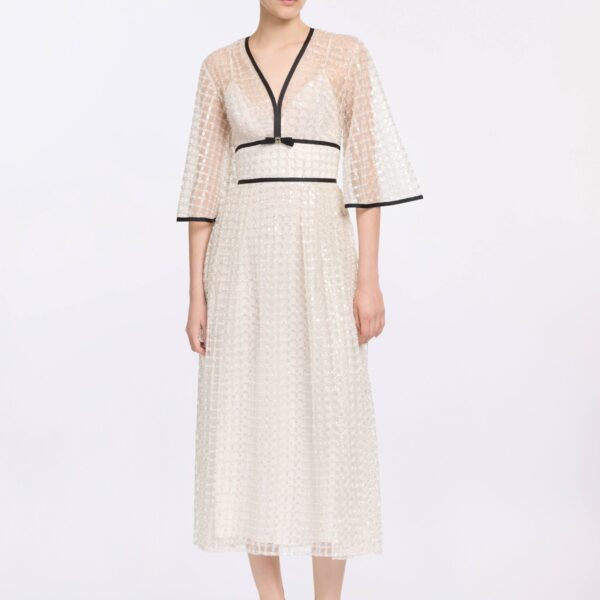 Elie Saab Pearl Midi Dress in White featuring  – Luxury Designer Fashion at Coveti.