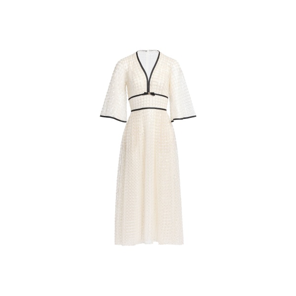 Elie Saab Pearl Midi Dress in White featuring  – Luxury Designer Fashion at Coveti.