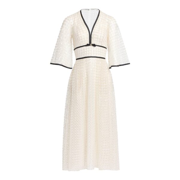Elie Saab Pearl Midi Dress in White featuring  – Luxury Designer Fashion at Coveti.