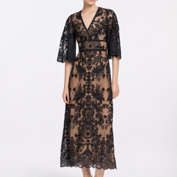Elie Saab Sequin Embroidered Lace Dress in Black featuring  – Luxury Designer Fashion at Coveti.