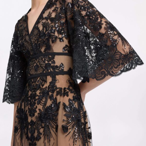 Elie Saab Sequin Embroidered Lace Dress in Black featuring  – Luxury Designer Fashion at Coveti.