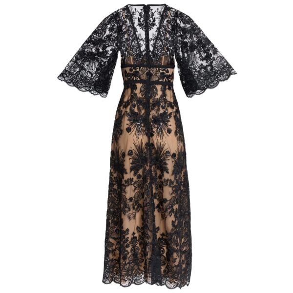 Elie Saab Sequin Embroidered Lace Dress in Black featuring  – Luxury Designer Fashion at Coveti.