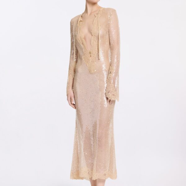 Elie Saab Sequined Mesh Midi Dress in Beige featuring  – Luxury Designer Fashion at Coveti.