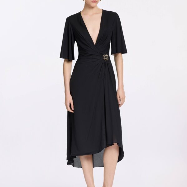 Elie Saab Silk Midi Dress in Black featuring  – Luxury Designer Fashion at Coveti.