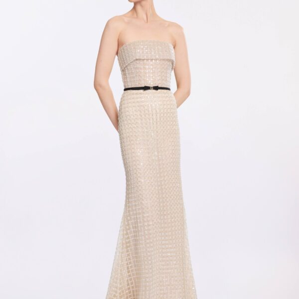 Elie Saab Strapless Pearl Long Dress in White featuring  – Luxury Designer Fashion at Coveti.