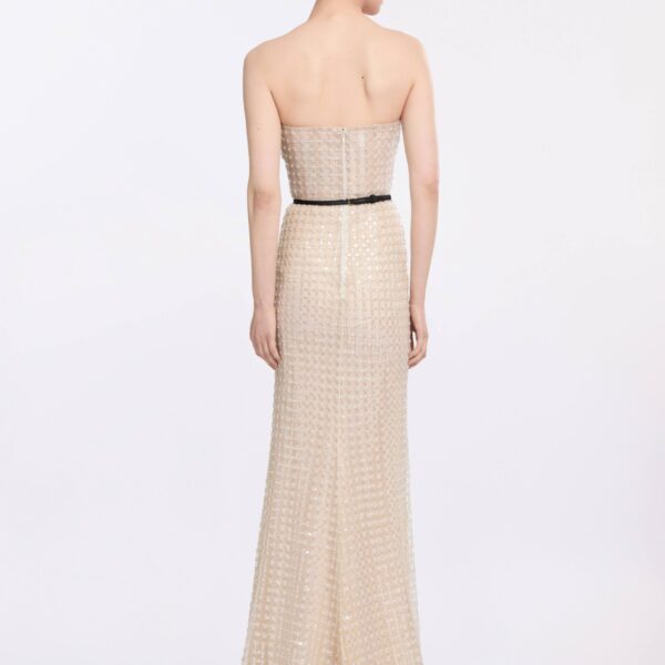 Elie Saab Strapless Pearl Long Dress in White featuring  – Luxury Designer Fashion at Coveti.