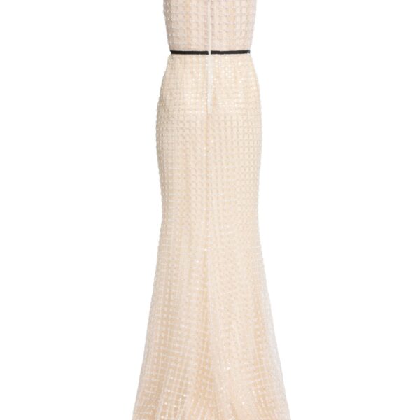 Elie Saab Strapless Pearl Long Dress in White featuring  – Luxury Designer Fashion at Coveti.