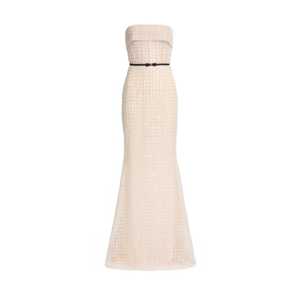 Elie Saab Strapless Pearl Long Dress in White featuring  – Luxury Designer Fashion at Coveti.