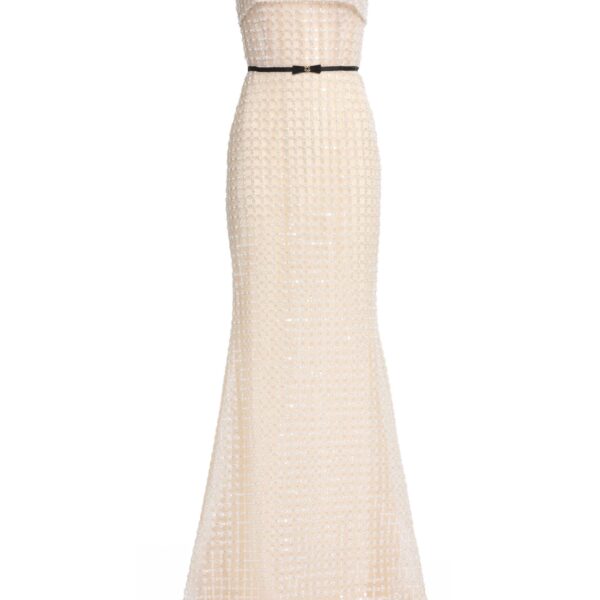 Elie Saab Strapless Pearl Long Dress in White featuring  – Luxury Designer Fashion at Coveti.