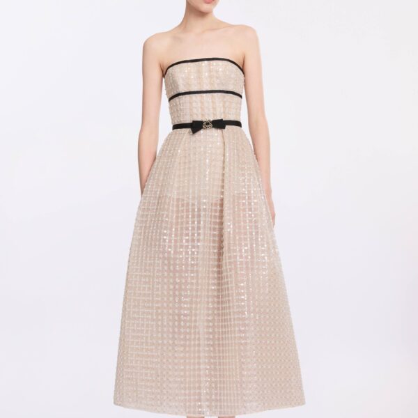 Elie Saab Strapless Pearl Midi Dress in White featuring  – Luxury Designer Fashion at Coveti.