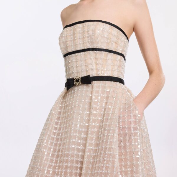 Elie Saab Strapless Pearl Midi Dress in White featuring  – Luxury Designer Fashion at Coveti.