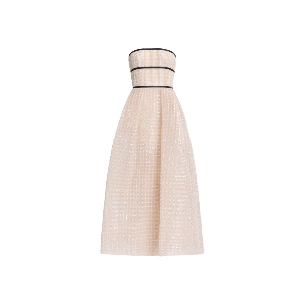 Elie Saab Strapless Pearl Midi Dress in White featuring  – Luxury Designer Fashion at Coveti.