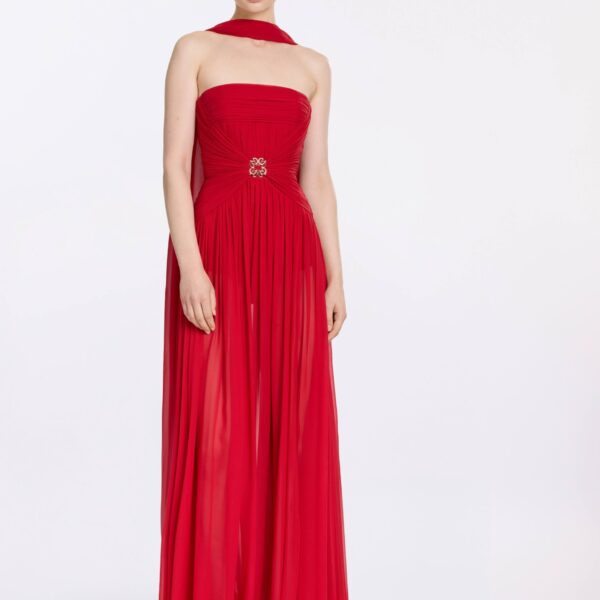 Elie Saab Strapless Silk Dress in Red featuring  – Luxury Designer Fashion at Coveti.