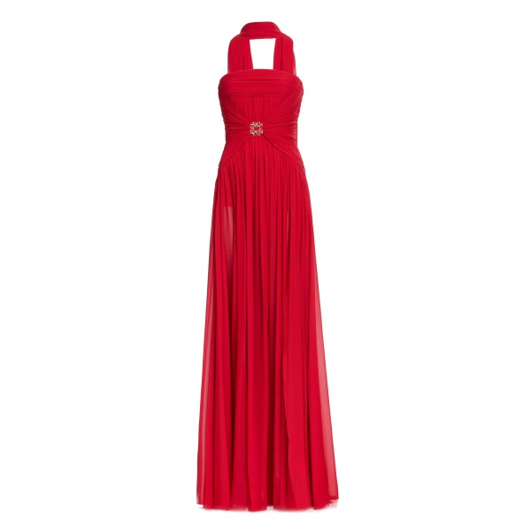 Elie Saab Strapless Silk Dress in Red featuring  – Luxury Designer Fashion at Coveti.