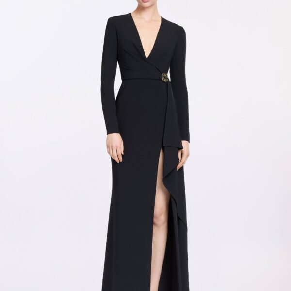 Elie Saab V-Neck Cady Dress in Black featuring  – Luxury Designer Fashion at Coveti.